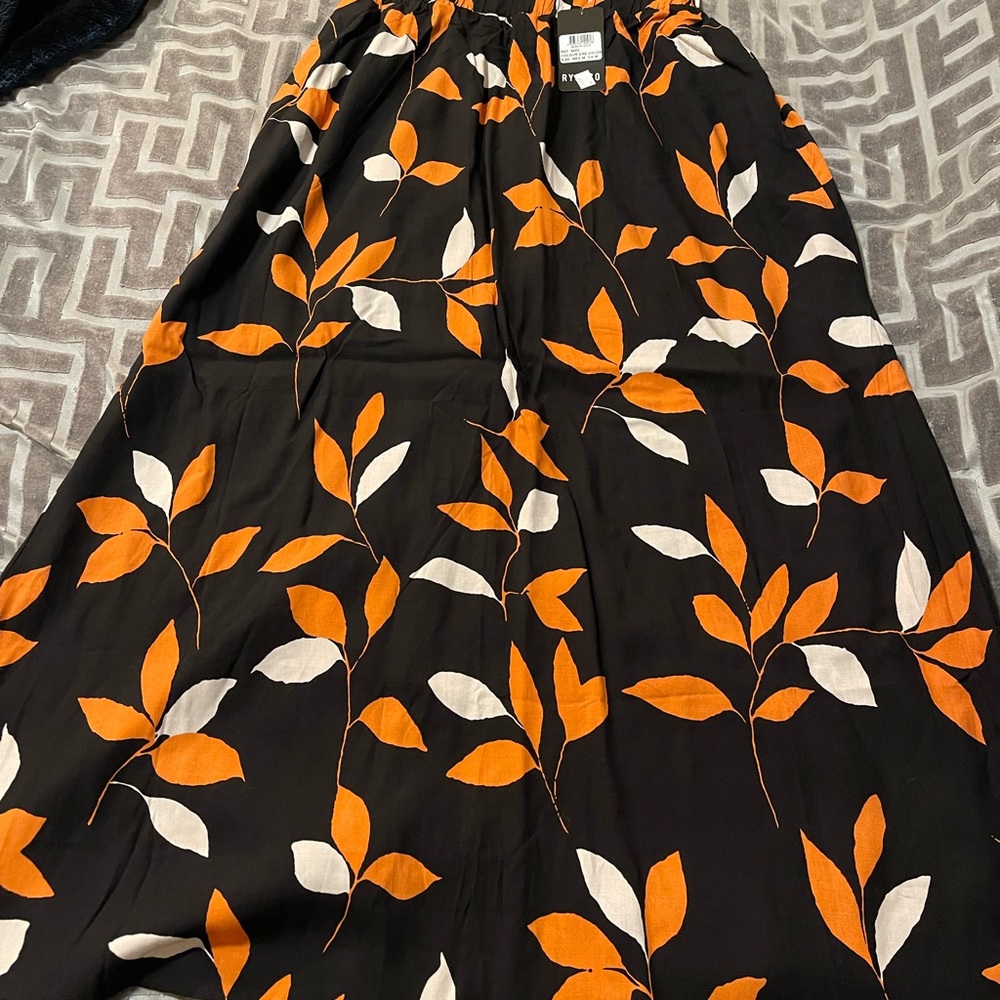 NWT Floral Black Skirt with Orange and White Leaves